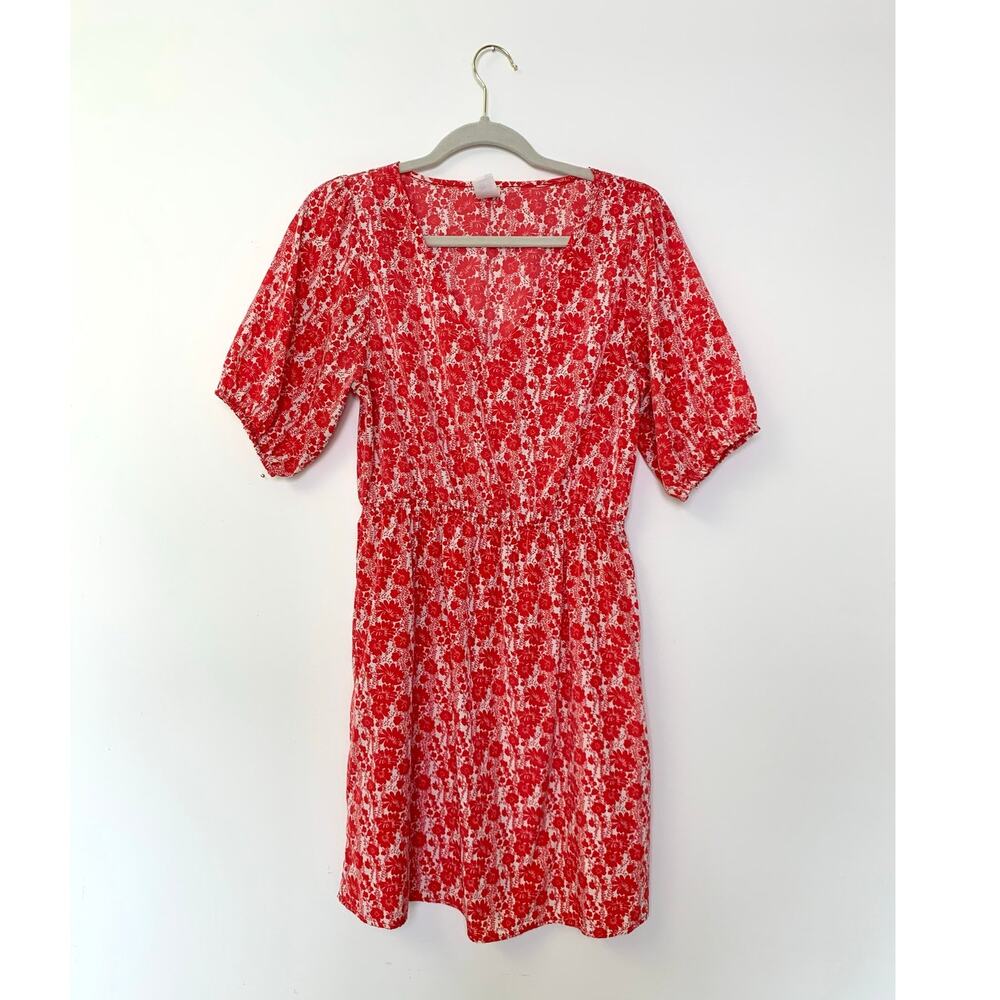 Francesca's Red Floral Puff Sleeve Feminine Summer Fit & Flare Dress Size Medium